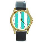 Vertical Stripes - White and Turquoise Round Gold Metal Watch
