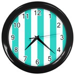 Vertical Stripes - White and Turquoise Wall Clock (Black)