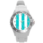 Vertical Stripes - White and Cyan Round Plastic Sport Watch (L)
