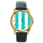 Vertical Stripes - White and Cyan Round Gold Metal Watch