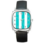 Vertical Stripes - White and Cyan Square Metal Watch