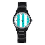 Vertical Stripes - White and Cyan Stainless Steel Round Watch