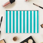Vertical Stripes - White and Cyan Cosmetic Bag (L)