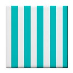 Vertical Stripes - White and Cyan Tile Coaster