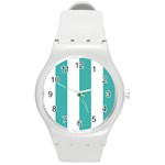 Vertical Stripes - White and Verdigris Round Plastic Sport Watch (M)