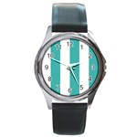Vertical Stripes - White and Verdigris Round Metal Watch