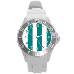 Vertical Stripes - White and Teal Round Plastic Sport Watch (L)