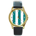 Vertical Stripes - White and Teal Round Gold Metal Watch