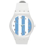 Vertical Stripes - White and Iceberg Blue Round Plastic Sport Watch (M)