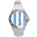 Vertical Stripes - White and Iceberg Blue Round Plastic Sport Watch (L)