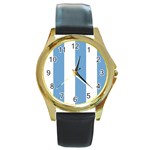 Vertical Stripes - White and Iceberg Blue Round Gold Metal Watch