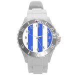 Vertical Stripes - White and Royal Blue Round Plastic Sport Watch (L)