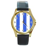 Vertical Stripes - White and Royal Blue Round Gold Metal Watch