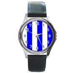 Vertical Stripes - White and Blue Round Metal Watch