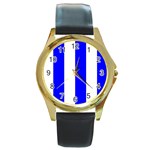 Vertical Stripes - White and Blue Round Gold Metal Watch