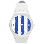 Vertical Stripes - White and Cerulean Blue Round Plastic Sport Watch (M)