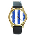 Vertical Stripes - White and Cerulean Blue Round Gold Metal Watch
