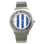 Vertical Stripes - White and Cerulean Blue Stainless Steel Watch