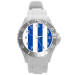 Vertical Stripes - White and Cobalt Blue Round Plastic Sport Watch (L)