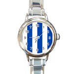 Vertical Stripes - White and Cobalt Blue Round Italian Charm Watch
