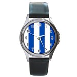 Vertical Stripes - White and Cobalt Blue Round Metal Watch
