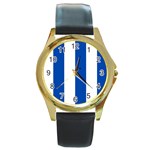 Vertical Stripes - White and Cobalt Blue Round Gold Metal Watch