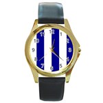 Vertical Stripes - White and Dark Blue Round Gold Metal Watch
