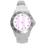 Vertical Stripes - White and Pale Thistle Violet Round Plastic Sport Watch (L)