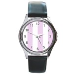 Vertical Stripes - White and Thistle Violet Round Metal Watch
