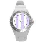 Vertical Stripes - White and Pale Lavender Violet Round Plastic Sport Watch (L)