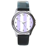 Vertical Stripes - White and Pale Lavender Violet Round Metal Watch