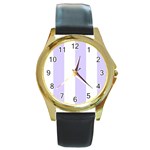 Vertical Stripes - White and Pale Lavender Violet Round Gold Metal Watch