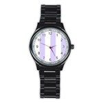Vertical Stripes - White and Pale Lavender Violet Stainless Steel Round Watch