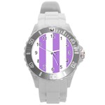 Vertical Stripes - White and Lavender Violet Round Plastic Sport Watch (L)