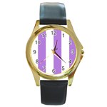Vertical Stripes - White and Lavender Violet Round Gold Metal Watch