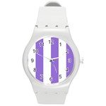 Vertical Stripes - White and Dark Pastel Purple Round Plastic Sport Watch (M)