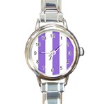 Vertical Stripes - White and Dark Pastel Purple Round Italian Charm Watch