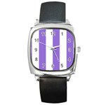 Vertical Stripes - White and Dark Pastel Purple Square Metal Watch