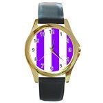 Vertical Stripes - White and Violet Round Gold Metal Watch