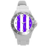 Vertical Stripes - White and Indigo Violet Round Plastic Sport Watch (L)