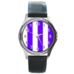 Vertical Stripes - White and Indigo Violet Round Metal Watch