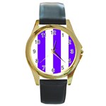 Vertical Stripes - White and Indigo Violet Round Gold Metal Watch