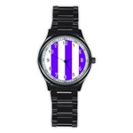 Vertical Stripes - White and Indigo Violet Stainless Steel Round Watch