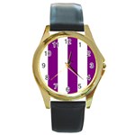 Vertical Stripes - White and Purple Violet Round Gold Metal Watch