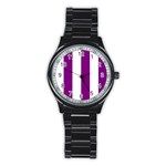 Vertical Stripes - White and Purple Violet Stainless Steel Round Watch