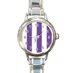 Vertical Stripes - White and Dark Lavender Violet Round Italian Charm Watch