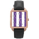Vertical Stripes - White and Dark Lavender Violet Rose Gold Leather Watch