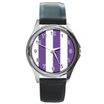 Vertical Stripes - White and Dark Lavender Violet Round Metal Watch