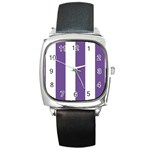 Vertical Stripes - White and Dark Lavender Violet Square Metal Watch