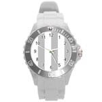 Vertical Stripes - White and Silver Gray Round Plastic Sport Watch (L)
